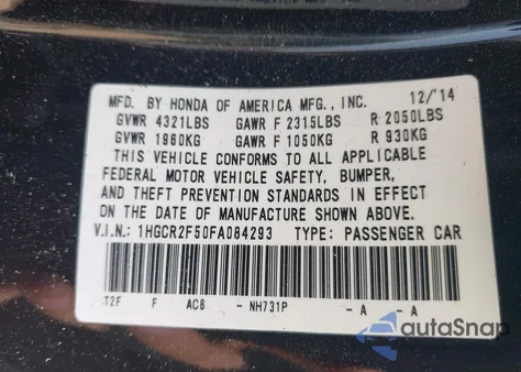 2015 Honda Accord Sport z USA, uszkodzony, nr VIN 1HGCR2F50FA084293